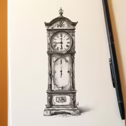 a drawing of a tall clock on a table