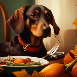 a dog that is sitting down eating a piece of food