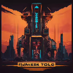 artwork depicting the shape and location of futuristic city surrounded by heavy industrial architecture,the poster is shown with a big city