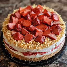 the cake is covered with whipped cream, strawberries, and toasted sprinkles