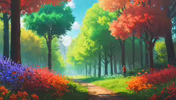 this is an oil painting of a man standing in a forest near flowers,an open air forest with a pathway through the trees
