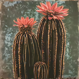 two cactus plants with large pink flowers on the tops