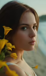a beautiful young woman in white dress next to sunflowers