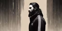a drawing of a man with a beard and long hair,a man with a long hair and beard wearing a black jacket