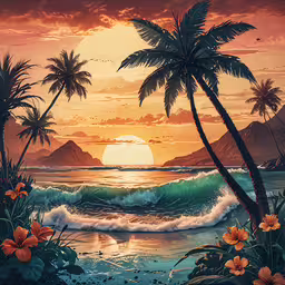 a painting shows the sun rising behind palm trees, as a tropical sunset is seen,a painting shows a tropical beach with a sunset