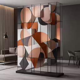 an artistic display on a glass screen in a living room