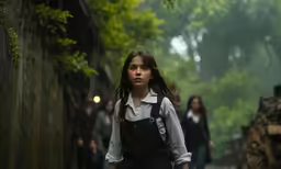a girl wearing overalls and a white shirt is walking on the street