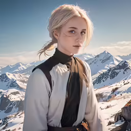 a woman in a white and brown outfit with mountains