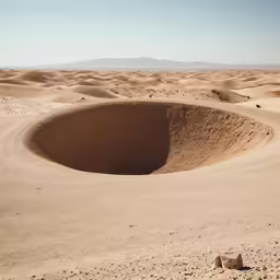 a deep sand pit in the middle of desert with mountains in the distance