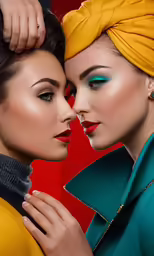 two beautiful women with green eyeshades posing together