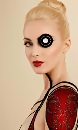 a woman wearing fake eye makeup, with a red dress