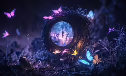 a dark image shows a wreath with people in it and butterflies around it