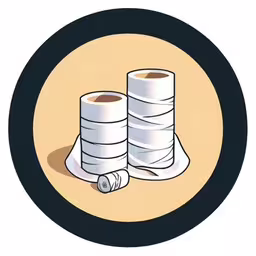 a circular drawing showing three rolls of toilet paper on a table,two rolls of toilet paper on a plate,two rolls of toilet paper on the floor with the lid down,two rolls of toilet paper on top of a circle,two rolles of toilet paper laying on a floor
