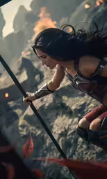 a very sexy looking woman holding onto a black pole