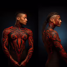 two women with bright body paint posing for the camera,two photographs showing the same body and neck color