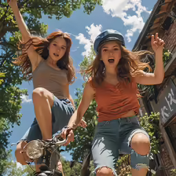 two female biker riders posing on bikes