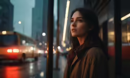 a woman looking out the window of a bus on the road