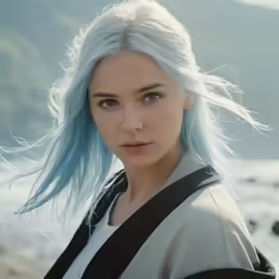 a woman with blue hair in front of a body of water