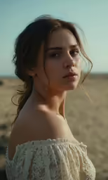 a woman in white shirt standing on the sand