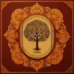 an intricate golden frame holds an engraved tree,a golden tree with a plaque above it
