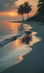 a beach with trees in the background at sunset