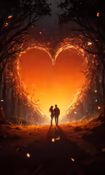 two people in silhouette under an orange heart