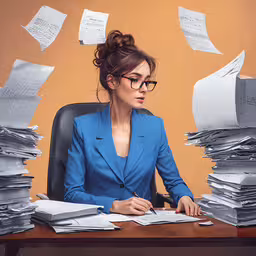 a woman in blue blazer sitting at desk with piles of papers,a lady wearing glasses working on a lot of paperwork