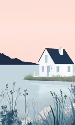 a large white house sitting next to a lake