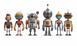 a group of toy robots standing in a row