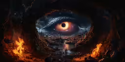 an evil eye is seen through the flames