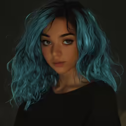 an image of a woman with bright blue hair