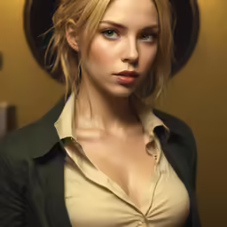 a blonde woman in a black hat is wearing a white blouse
