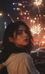 a beautiful young lady with long dark hair and a large crowd