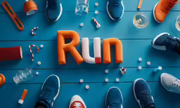 people are standing by the word run in front of sneakers and water bottles