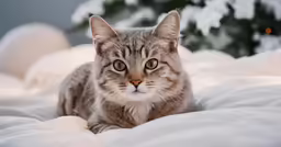 a cat that is sitting on a bed with white sheets