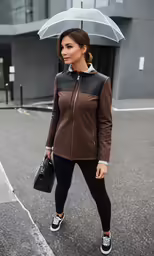 woman walking with a large umbrella in the city