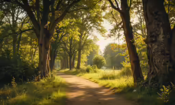 trees line a dirt road near a grassy area