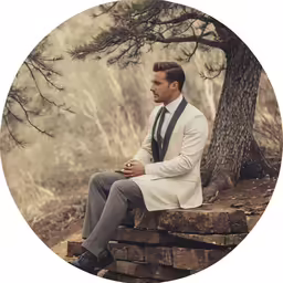 a man wearing a coat and tie, sitting on a pile of wood