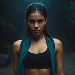 a beautiful young woman in a sports bra wearing a light green scarf
