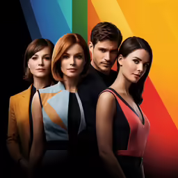 a group of young people standing in front of a colorful background