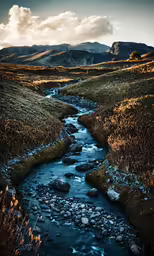 a stream running through a lush green mountain side