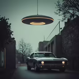 an old - fashioned automobile is shown underneath a lamp fixture in this darkened photograph
