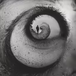 a person in a black and white photo is looking through an eye