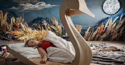 a woman in bed with no sheets in front of a mural