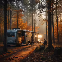 people camping outside in a campground, one being on their laptop
