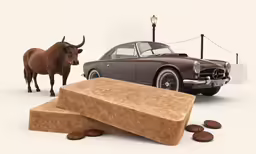 a bull, car and pile of brown cookies