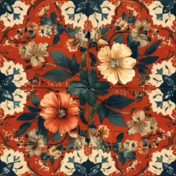 a square colorful floral picture with a red background