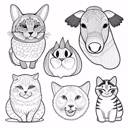 hand drawn animal heads in line on a white background,a line drawing of cats and dogs,the head of animals and birds,coloring pages to print for adults of cats and dogs,a group of different faces and a cat