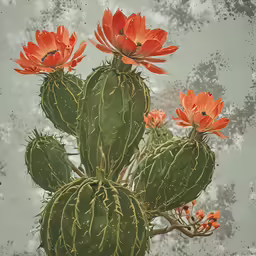 a cactus plant with bright orange flowers with blurred sky in background