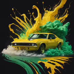 a yellow car with green smoke coming out of the hood